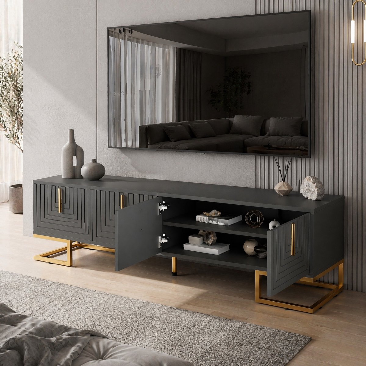 WUVRIE Tv-meubel 170 cm - 4 deuren, gouden grepen en poten - Grijs/zwart Grijszwart