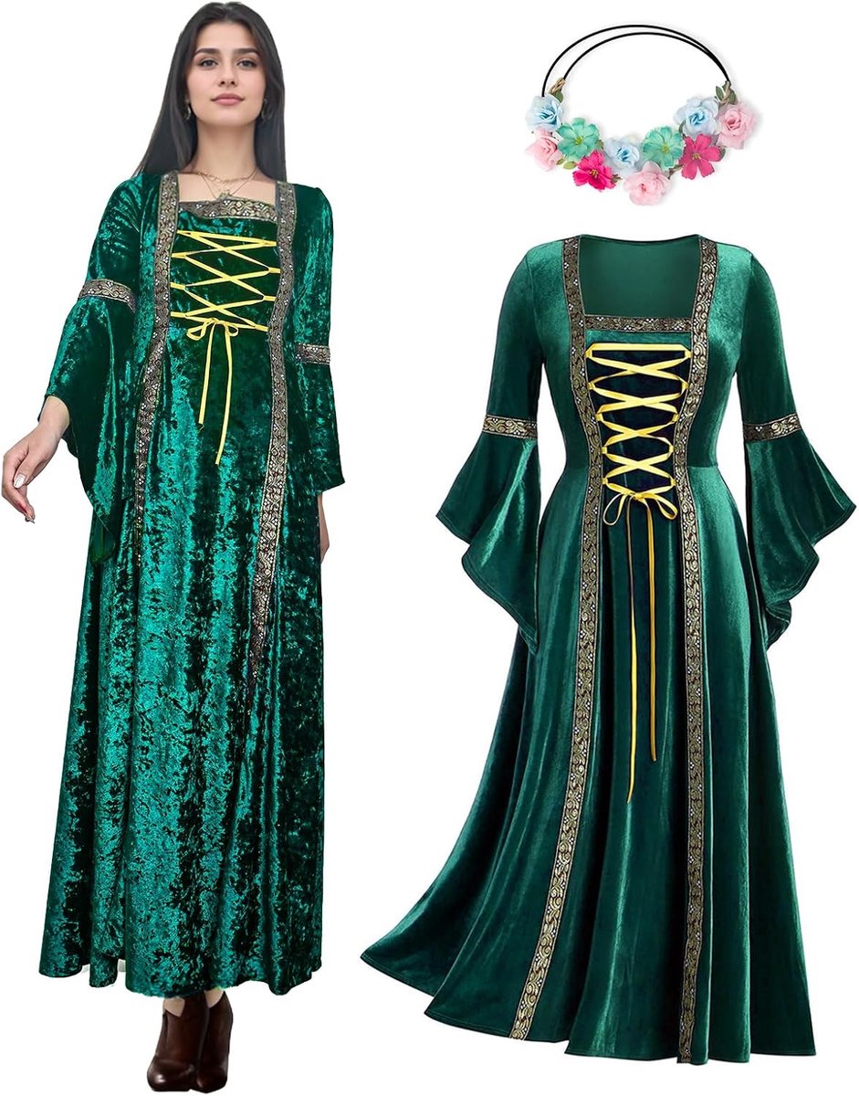 Retro renaissance, koningin, fluwelen jurk, middeleeuwse jurk, Halloween, vintage, Victoriaans, gothic, kostuum met trompetmouwen, cosplay party