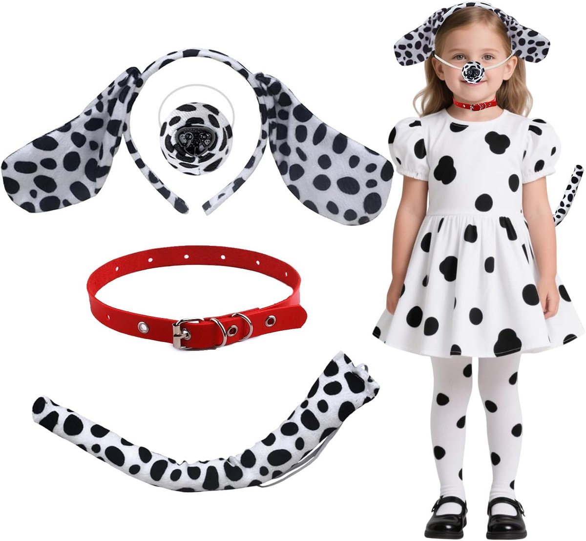 Kostuums voor kinderen, Dalmatiërskostuums, oren hond vlekkerig haar, neusband, rode staart, PU-nekband voor verjaardag, carnaval, wereldboekendag (4 stuks)