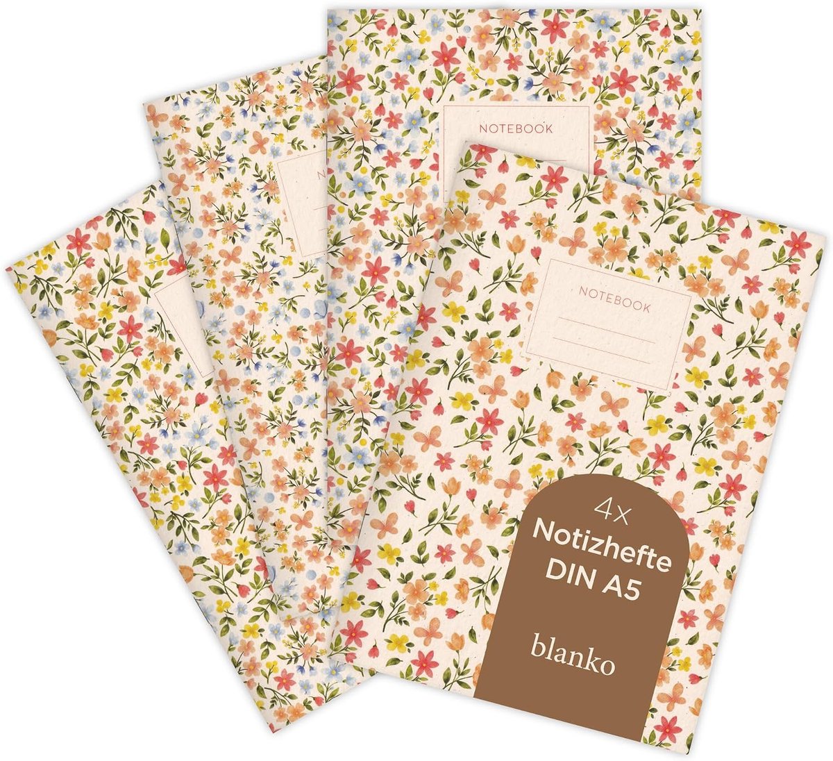 1070 Set van 4 notitieboeken, A5, zomerbloesempatroon, voor notities, schetsen, bullet journal en planning, blanco