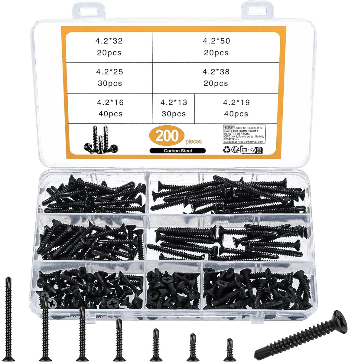 Zelfborende schroeven, kruisvormige platte kop, houtschroeven, koolstofstaal, zelftappende schroeven met booruiteinden, verzonken plaatschroeven - M4,2 x 13 mm/16 mm/19 mm/25 mm/32 mm/38