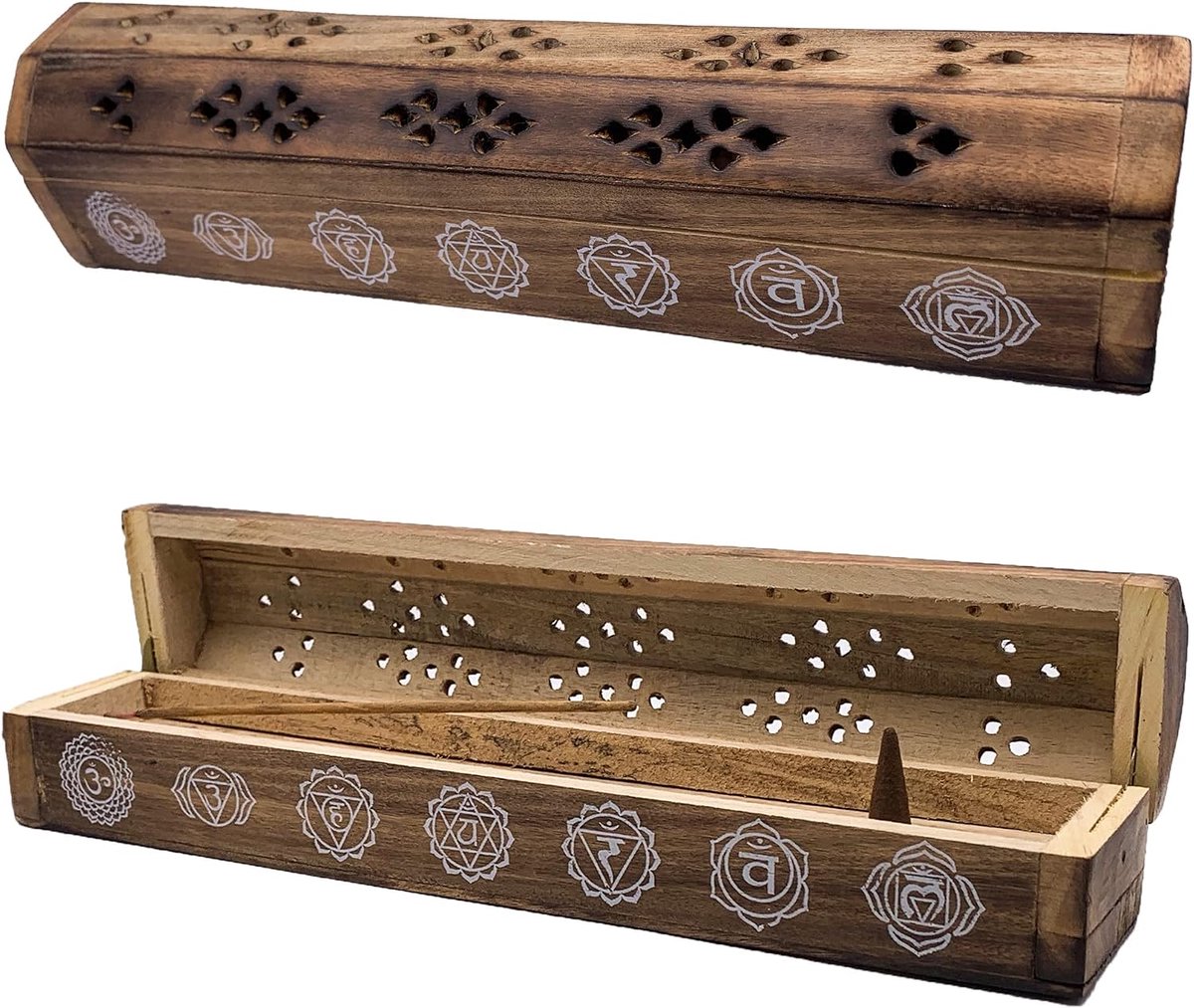(rookoven) houten box met de hand gedecoreerd in India - exclusief chakra-design, 30,5 x 6,2 x 5,5 cm, gewicht 240 g, houten rookwerk.