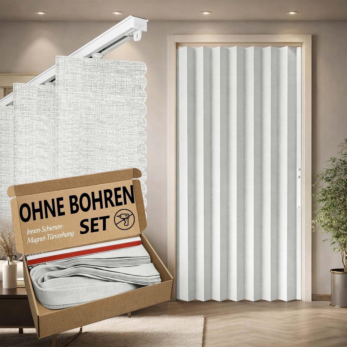 100% ondoorzichtig deurgordijn – opvouwbare acordeon-stijl met magneetsluiting, kleefmontage zonder boren, incl. plakstrip, verduistering en windscherm, wit, H 201 x B 135 cm