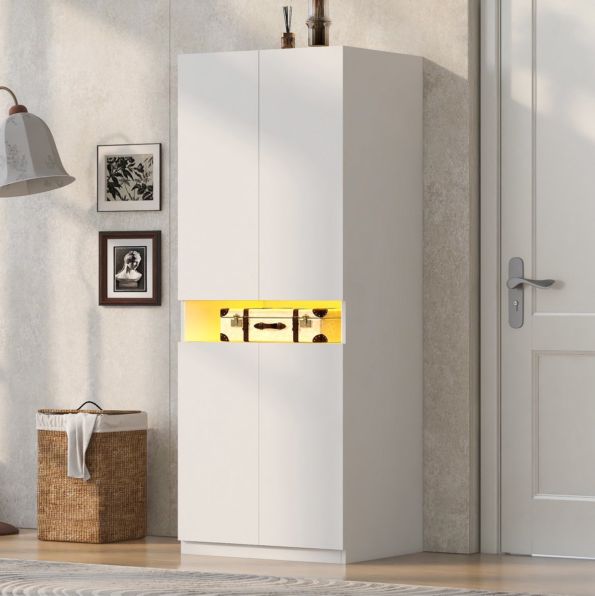 STILVORA Kledingkast Met Ledverlichting En Open Opbergvak - Hanggedeelte Voor Slaapkamer - Metaal, Multiplex En MDF - 70 x 55 x 180 cm - Wit; Houtkleur