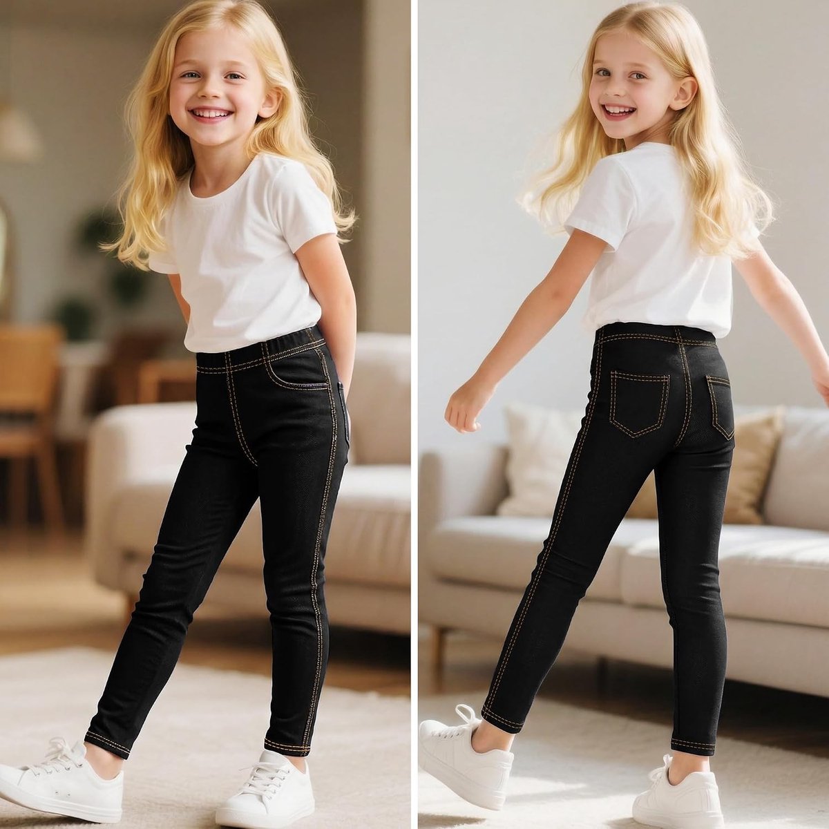 Jeans Look Sportieve Leggings voor Meisjes, Hoge Taille, Slim Fit, Elastische Broek met Zakjes voor School en Outdoor Activiteiten, Leeftijd 6-13 Jaar