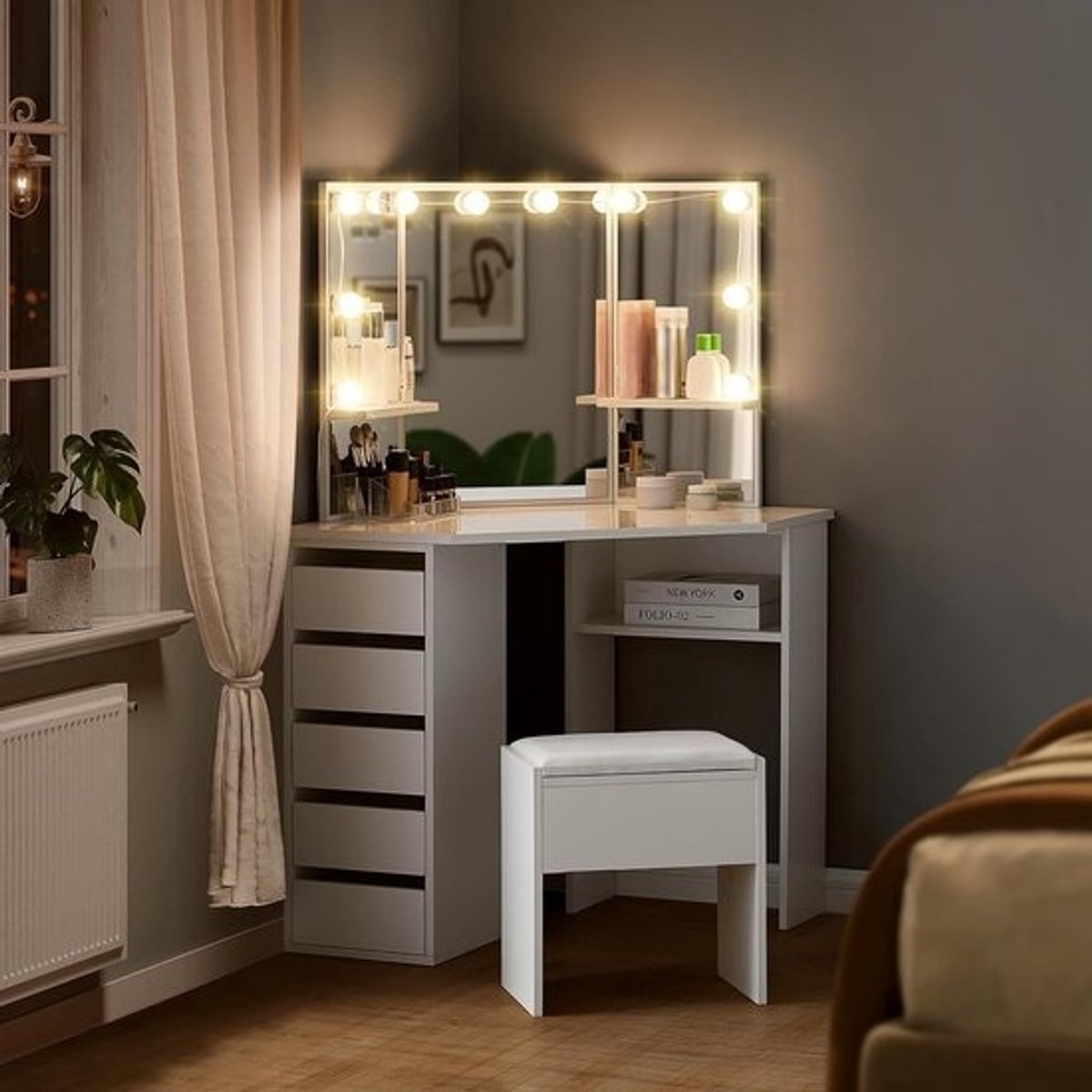 Hoek kaptafel set met LED-spiegel en 5 laden voor make-up - slaapkamermeubel