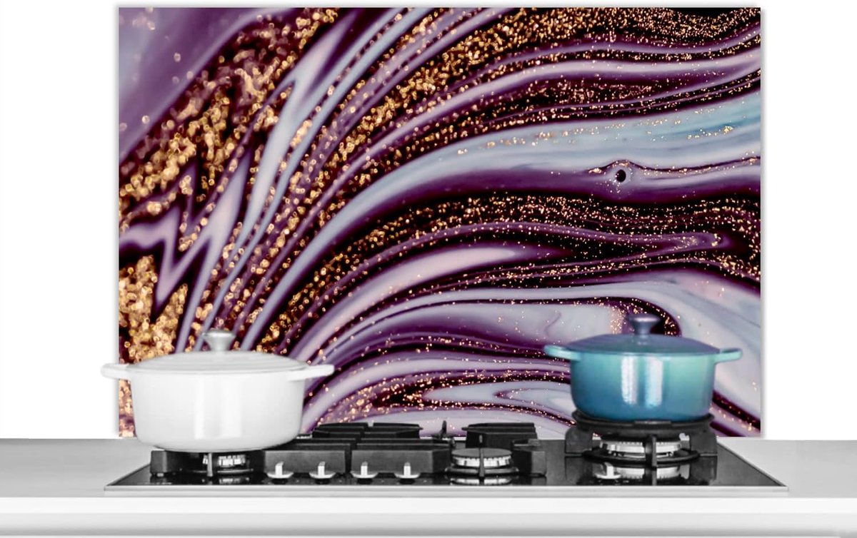 Spatscherm Keuken - 100x65 cm - Marmer - Roze - Goud - Glitter - Marmerlook - Luxe