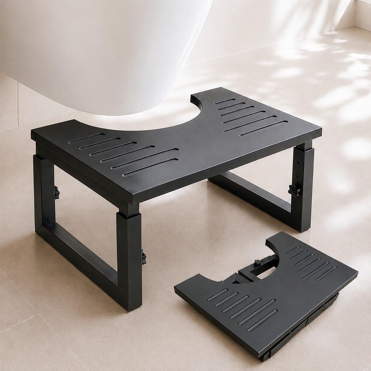 Inklapbaar, voor volwassenen, 17/20/23 cm, in hoogte verstelbaar, zwarte toiletkruk met houten plaat, metalen poten, antislip oppervlak, tot 200 kg