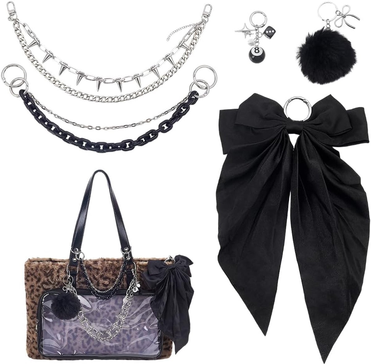 5 stuks draagtas hanger set punk tas hanger decoratieve strik tas hanger geluk 8 ballen sleutelhanger hanger zwart met ketting verlenging