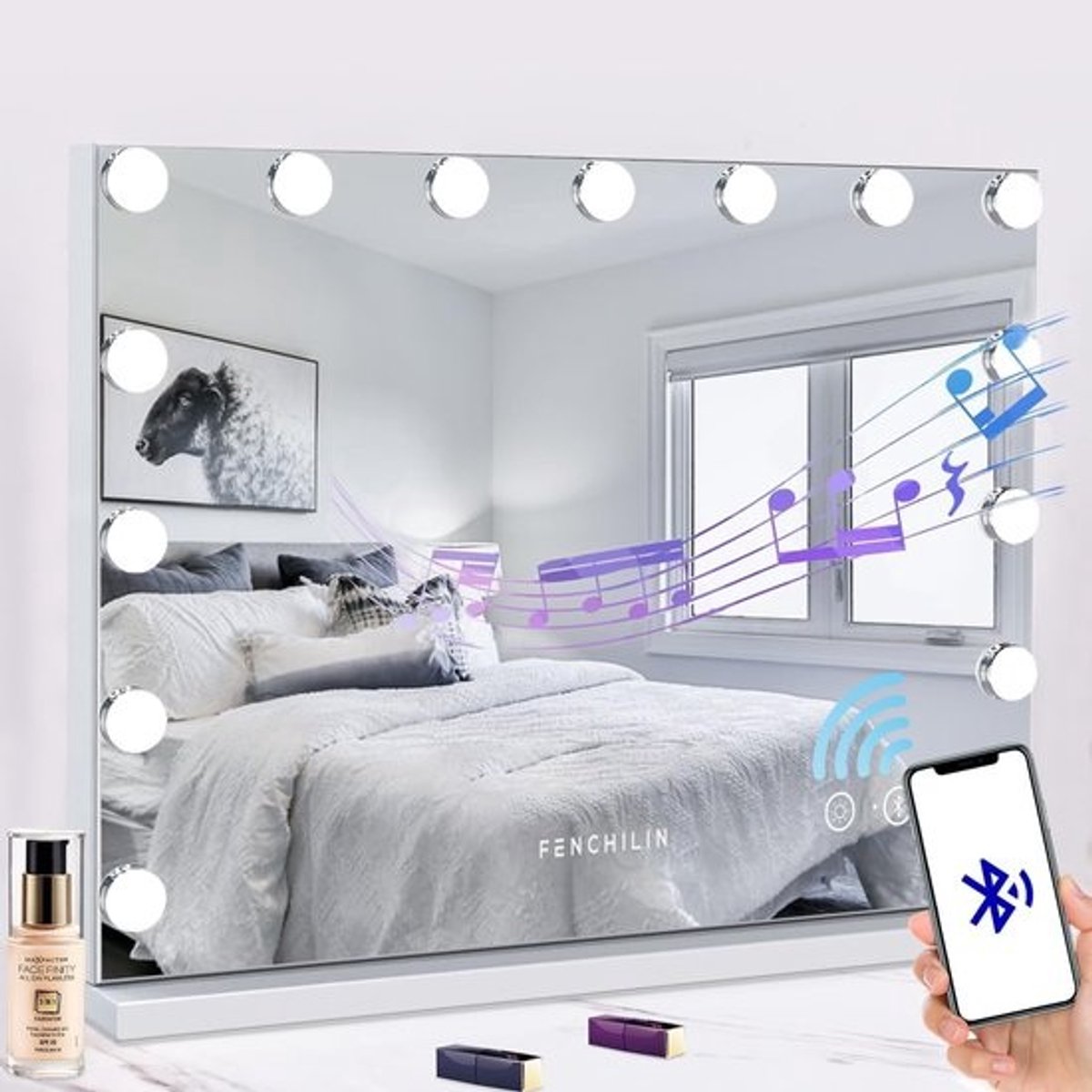 Bluetooth Hollywood-make-upspiegel met verlichting en dimbare LED-lampen - Aanraakbediening en USB-oplaadpoort
