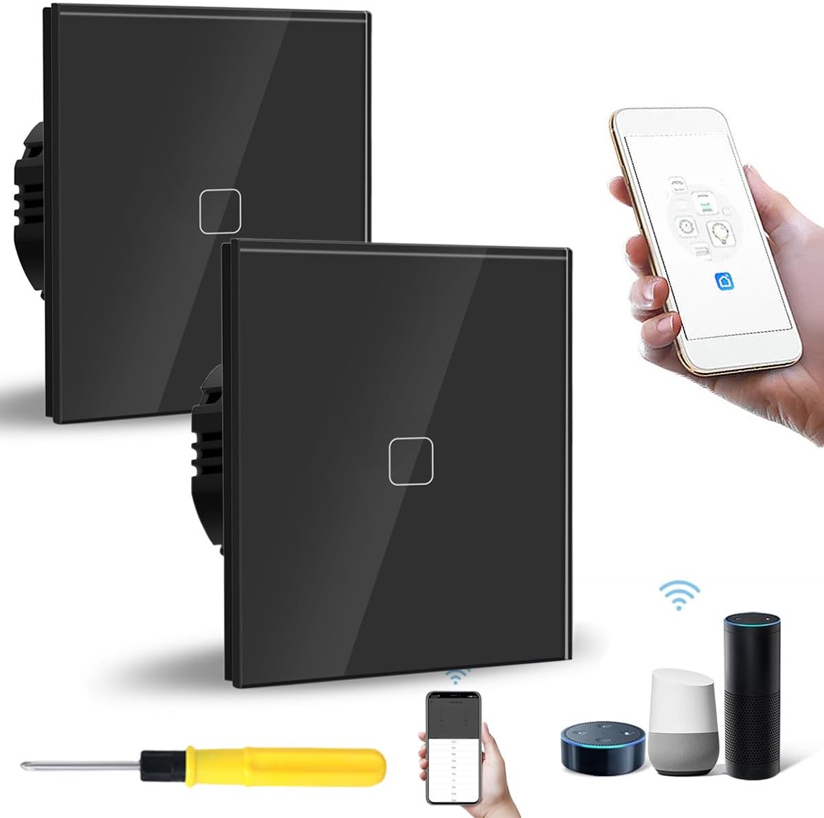 Wifi Touch Smart Light Switch, 1-Way Black Glass Pane, Set of 2, Single Band, Smart Light Switch, Compatible with - ShopVlot