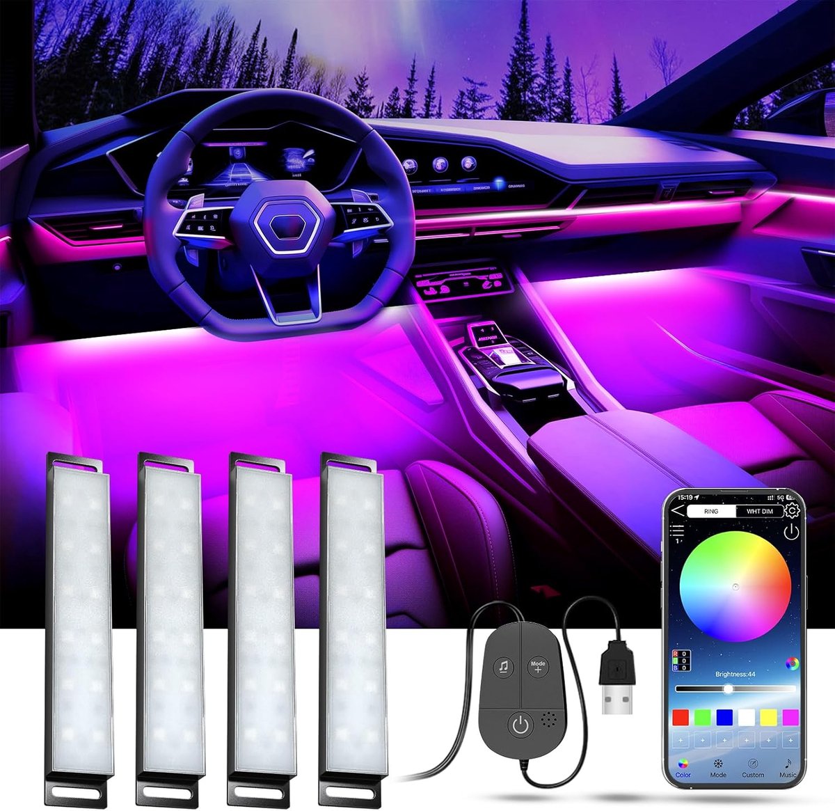 SnelShoppen - USB LED Auto Interieurverlichting met App Besturing, 16 Miljoen Kleuren, Muziekmodus, Kleurgeheugen, Duurzaam Ontwerp voor Auto Accessoi