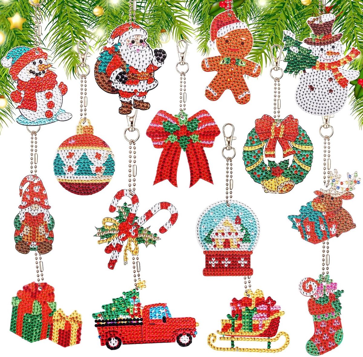 15 x Kerst Sleutelhangers, 5D DIY Diamant Schilderen Set, Decoratieve Kerstboom Hanger met Sneeuwman en Rendier voor Kinderen en Volwassenen, Creatief Knutselproject en Cadeau Idee