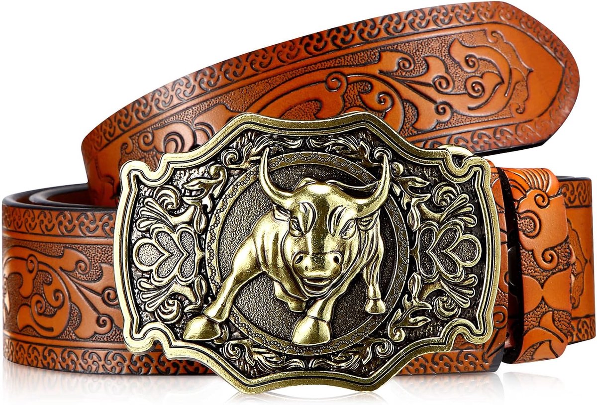 Western Leather Buckle Belts Cowboy Longhorn Bull Buckle Belt Floral Embossed Cowboy Belts For Men, 1.5 Inch Wide - ShopVlot