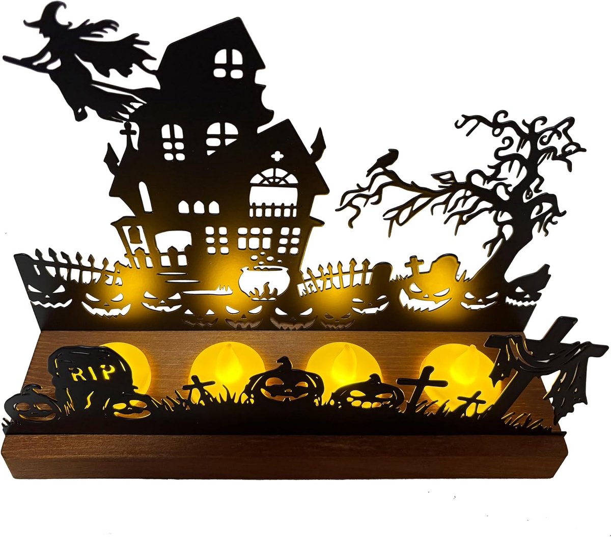 Kandelaar, metalen burg-silhouet met heks, begraafplaats en spoken, afneembare houten sokkel voor 4 theelichtjes, duurzaam en onderhoudsvriendelijk, Halloween-tafeldecoratie voor feest