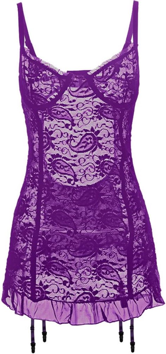 Sexy damesjurk, diep V-hals, sexy, transparant, babydoll, lingerieset, jurk, kant, sexy, babydolls, nachtjas, kousenhouder met koord, oversize-maat S-5XL