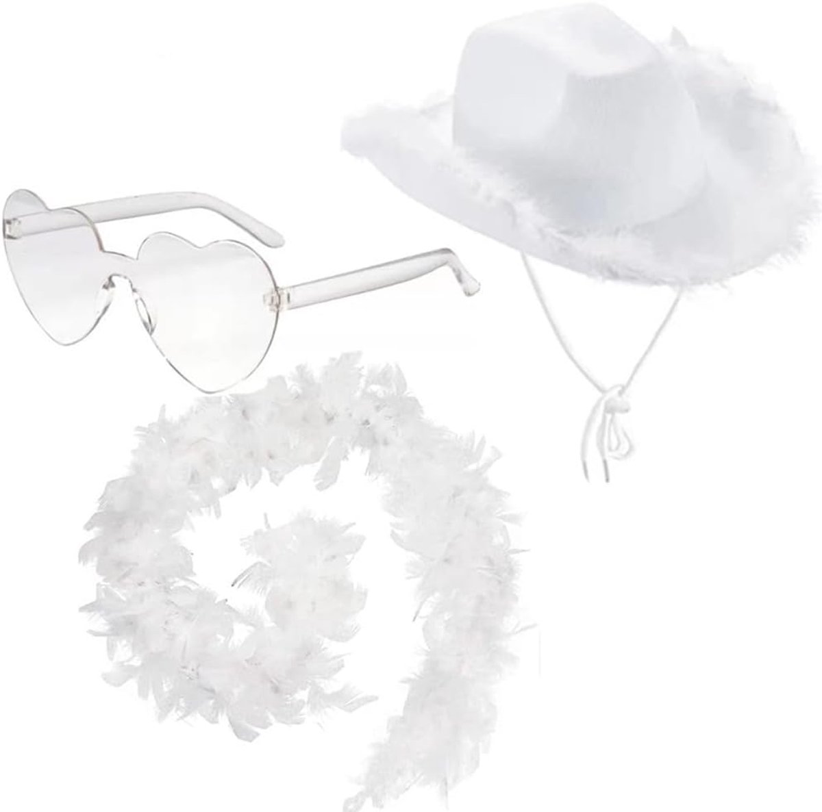 Hoed met brede rand, cowgirl hoed, met hartbril en boa, vilten cowboy kostuumaccessoires voor volwassenen, feesthoed en play dressup