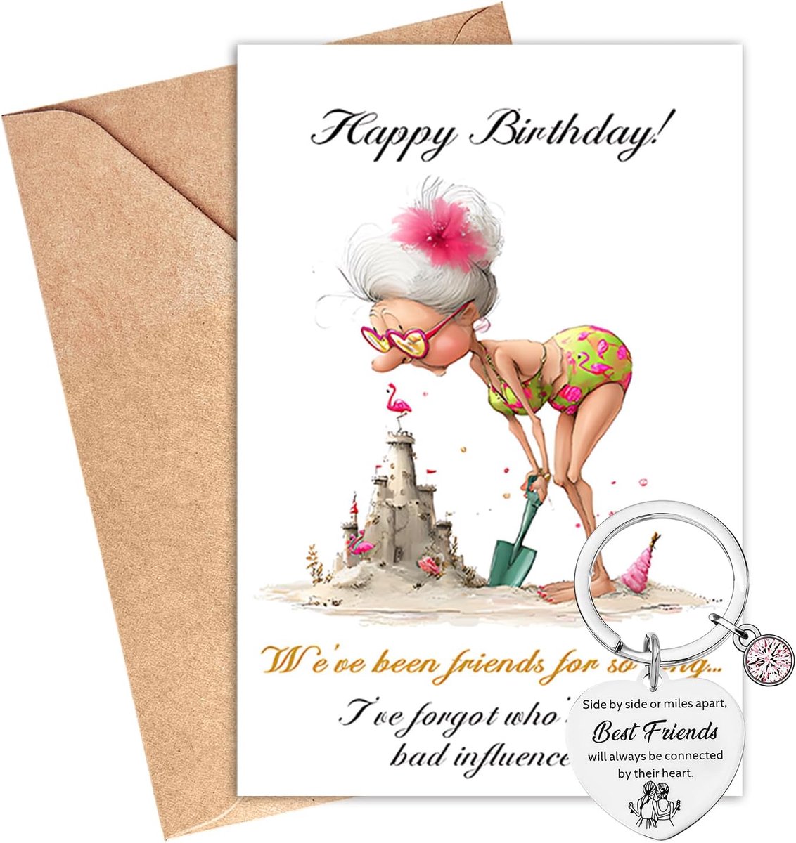 Verjaardagskaart voor Vriendin met Hartvormige Sleutelhanger - Grappige Wenskaart en Sleutelhanger Cadeauset voor Zus, Beste Vriendin, Collega - Set D