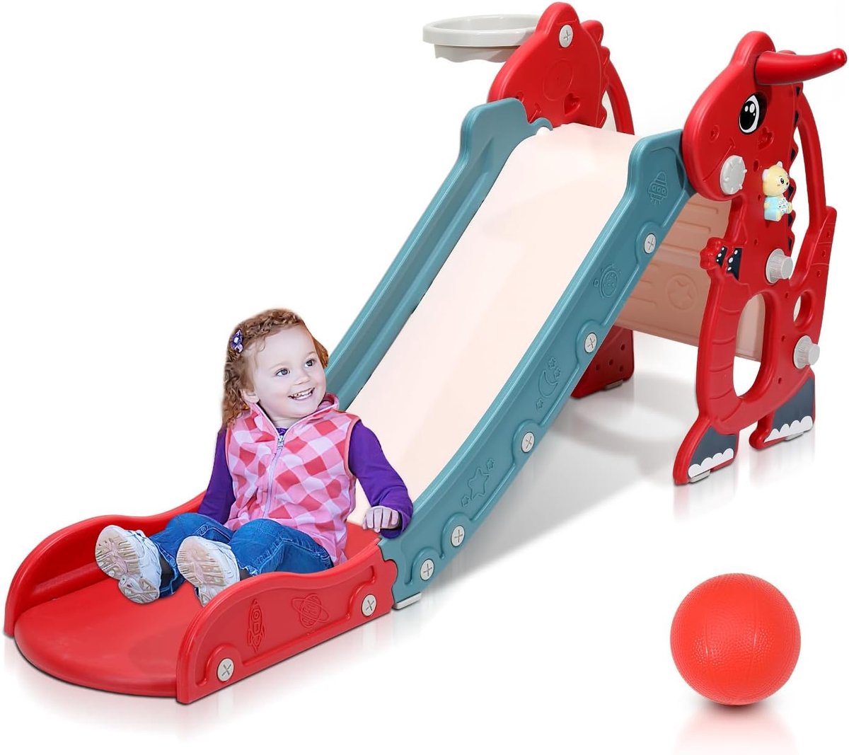 4-in-1 kinderglijbaan, opvouwbaar, kinderglijbaan met basketbalmand, glijbaan jaar, indoor en outdoor glijbaan, babyglijbaan, tuinglijbaan, rood