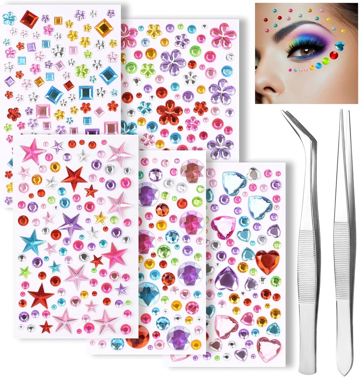 Sticker strass stickers acryl edelstenen doe-het-zelf ambachten zelfklevende diamant stickers voor gezicht ogen festival make-up lichaam (5 vellen 551 stuks)