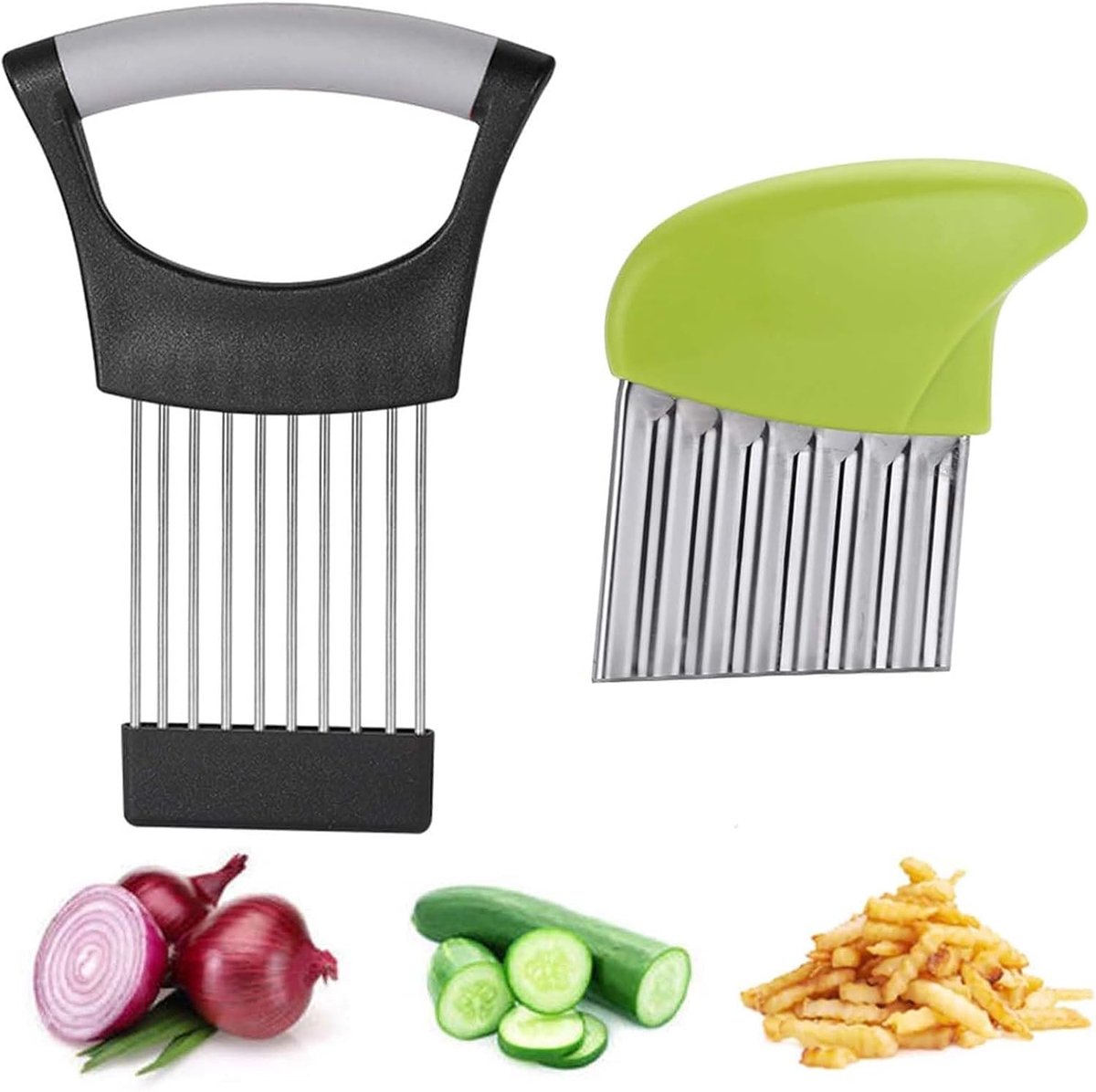 1 groentesnijder en 1 aardappelsnijder, uiensnijder, aardappelsnijder, cocachinisnijder, keukenassistent, voor uien, appels, aardappelen, komkommers