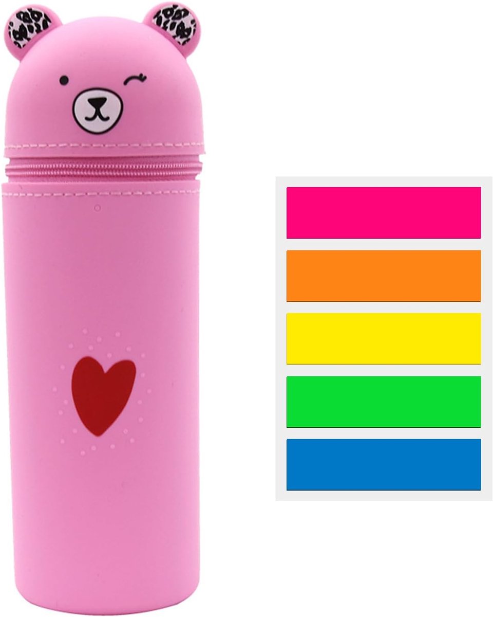 1 x beren-etui, 100 pagina's zelfklevende notities, zacht siliconen etui, schattige cartoon-beerpennenhouder, multifunctionele opbergdoos, roze