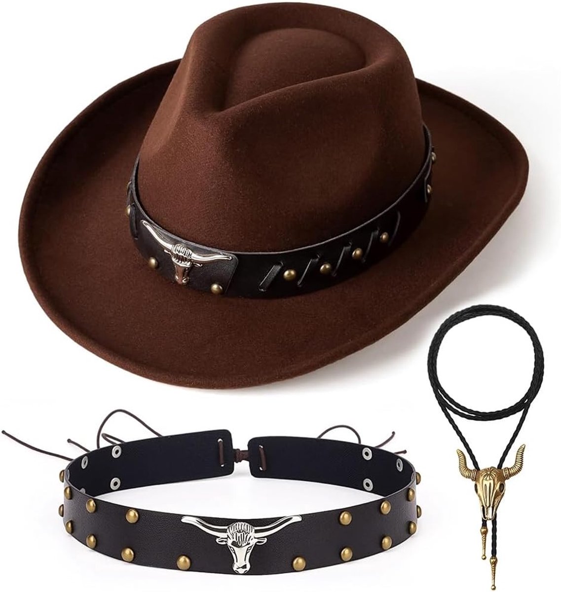 Cowboy Hoedenset Bruine Hoed met Stierenkop Ketting & Gordel