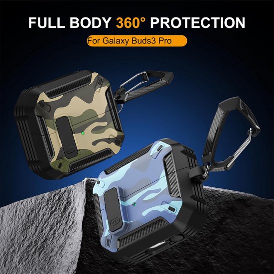 Hoesje voor AirPods 4 2024 met slot, camouflage-ontwerp met sleutelhanger, militaire volledige valbescherming, schokbestendig, hard PC voor heren, hoes voor AirPods 4e generatie. Blauw — afbeelding 4