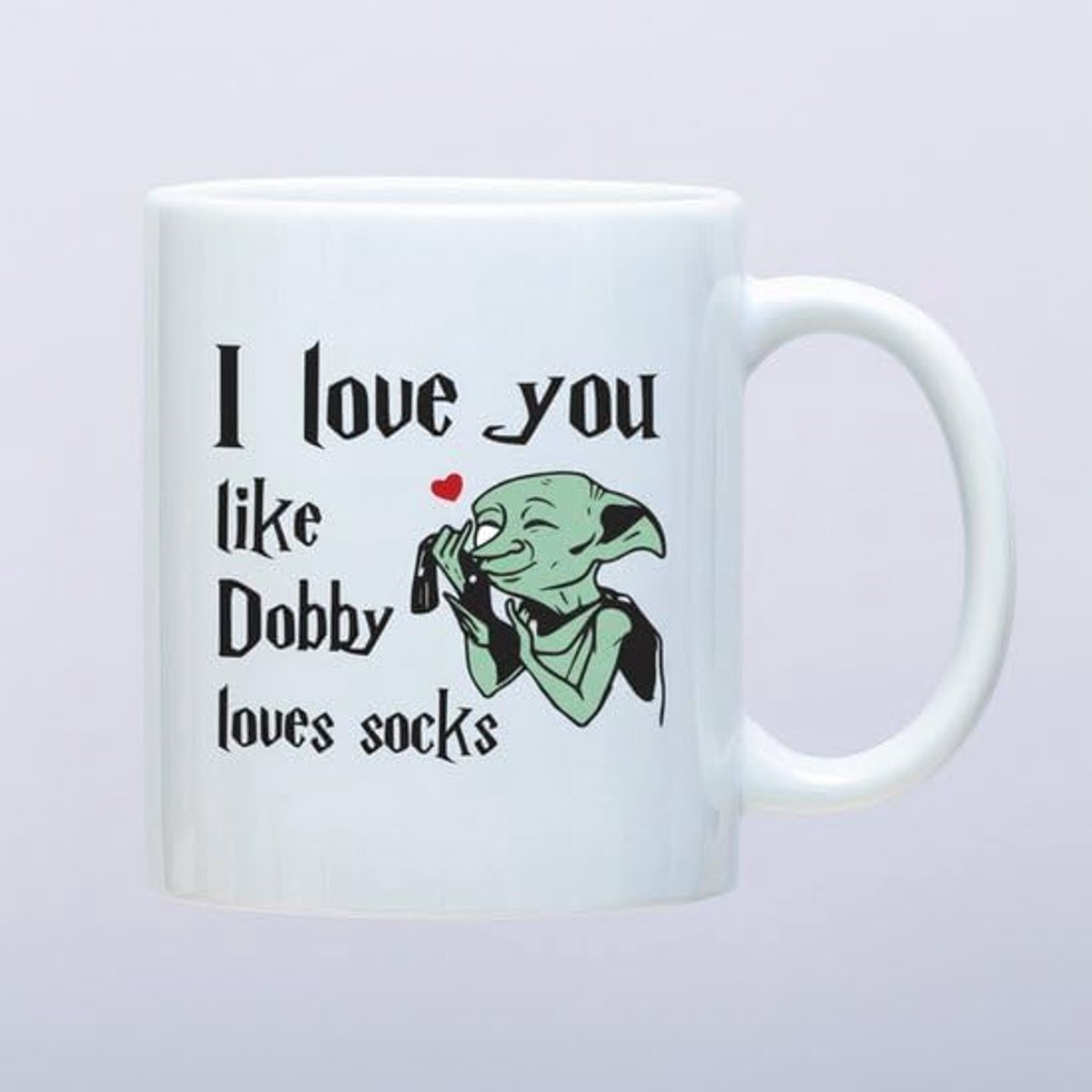 Liefdestekst Koffiemok “I Love You Like Dobby Loves Socks” – Schattige Fantasy Humor Cadeaumok – Keramische Koffiebeker 330 ml