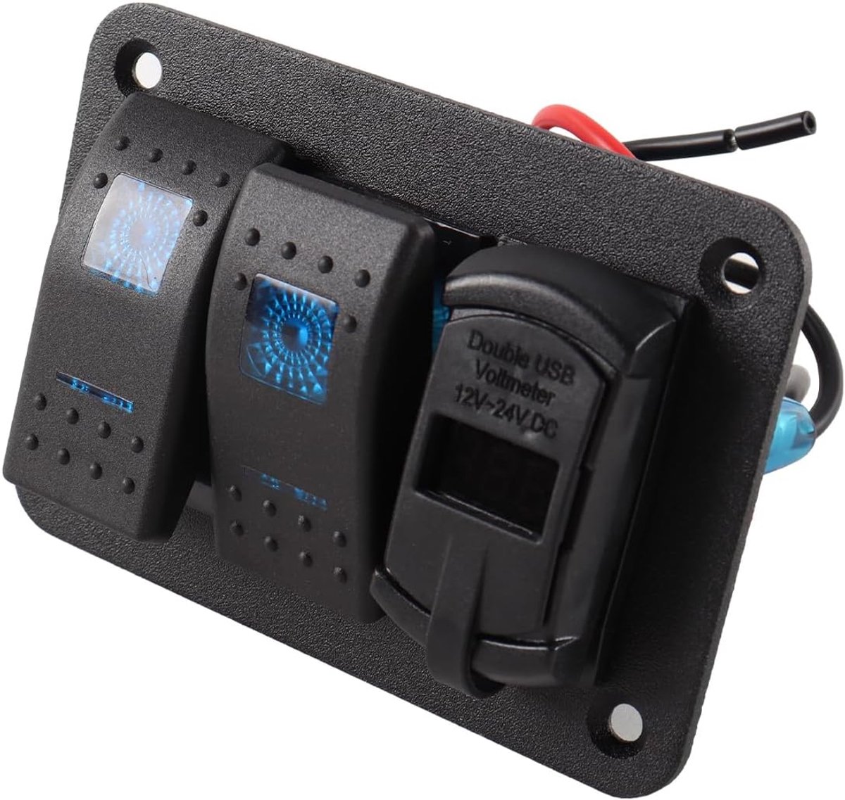 2-groeps blauw paneel met dubbele tuimelschakelaar en dubbele USB-lader, 12-24V waterdicht voor camper, aanhanger, bus en boot