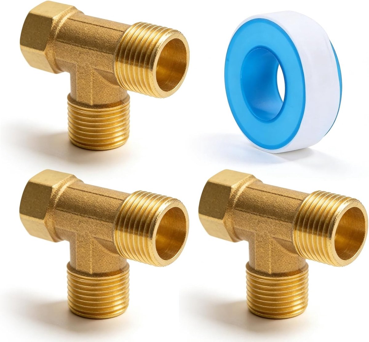 3 Stuks 3/4 Inch Messing T-stuk Draaiende Pijp Schroefverbinding, 90° 3-Weg T Connector met Dichtband voor Verwarming en Koeling, T-stuk Verdeelstuk voor Sanitair en Installaties