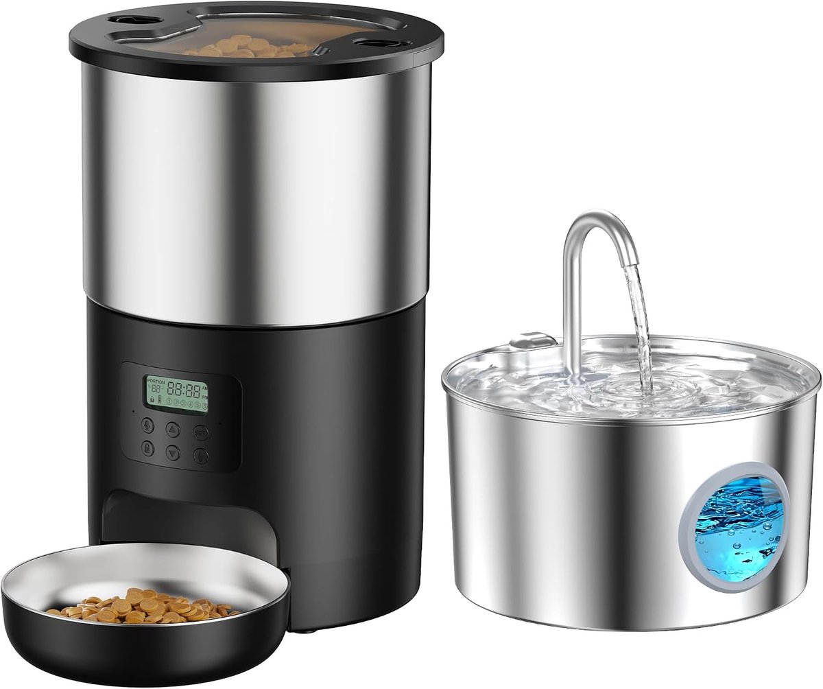 Kattenfontein en voerbak: roestvrij staal, kattendrinkbak en voederdispenser voor katten, met programmeerbare timer, 4 maaltijden per dag, 2 l waterdispenser voor katten en 5 l