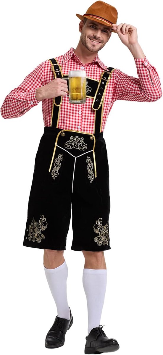 Oktoberfest-outfit voor heren, Duitse Beierse kledingset met afneembare slabbetjes, overhemden, kniesokken en Beierse vilten hoeden