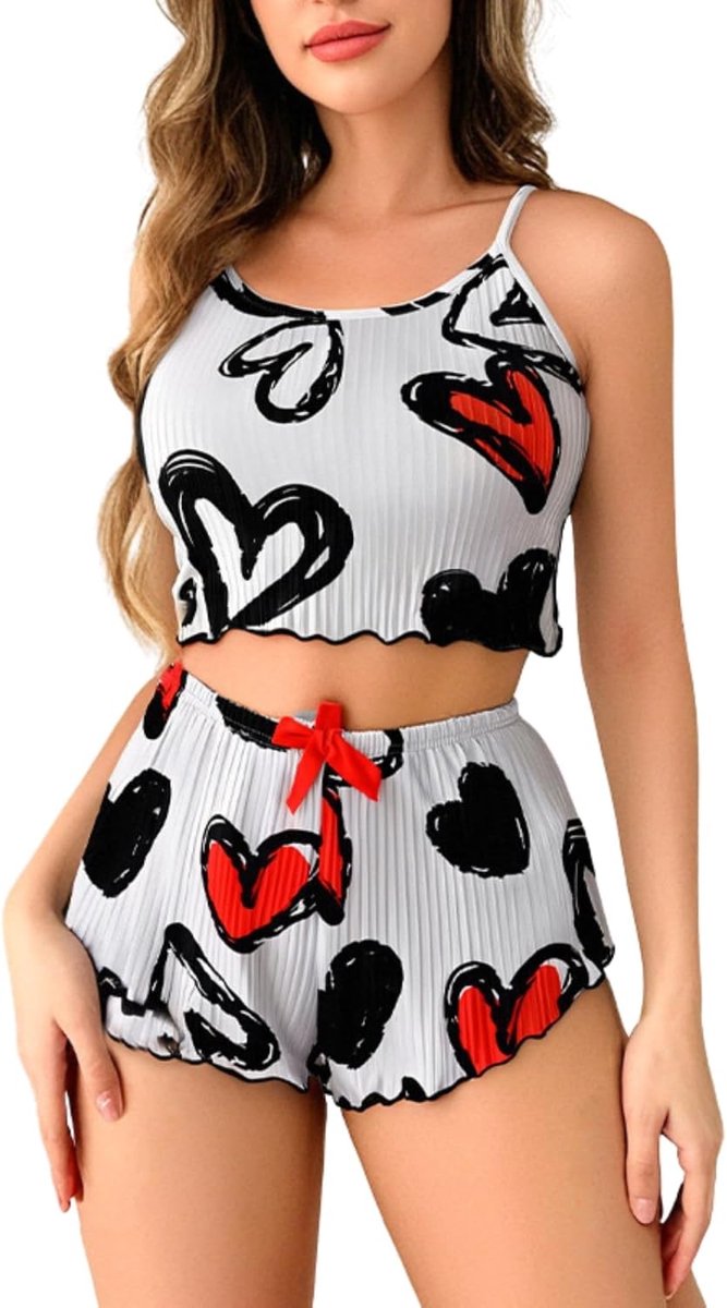 Damespyjama voor de zomer, kort, met hartprint, mouwloos T-shirt en shorts, sexy pyjama, zacht