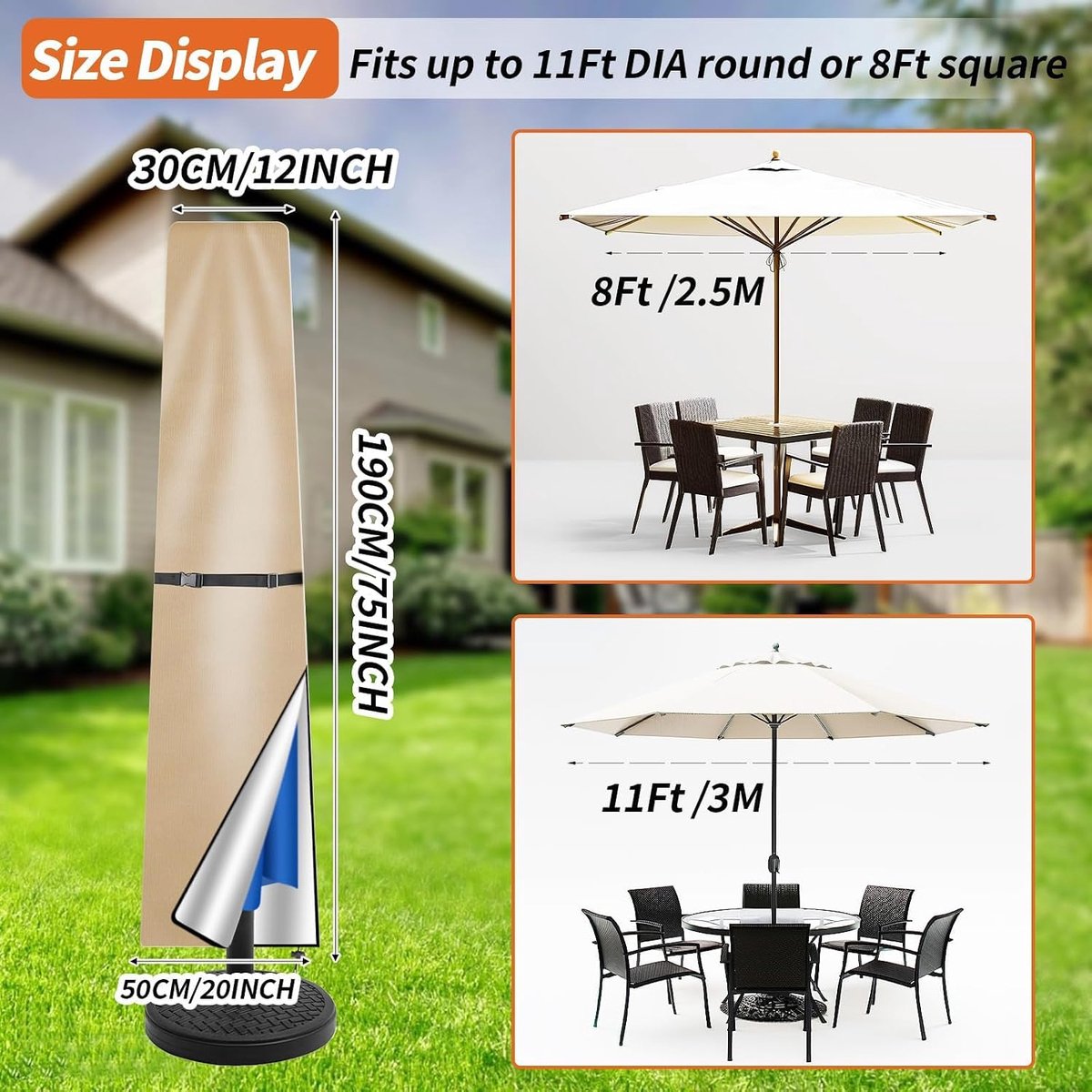 Parasol voor de tuin, uv-bescherming, afdekking voor parasols voor de tuin, winddicht, 600D Oxford-weefsel, waterdicht, afdekking voor tuinparasols, 190 x 30/50 cm