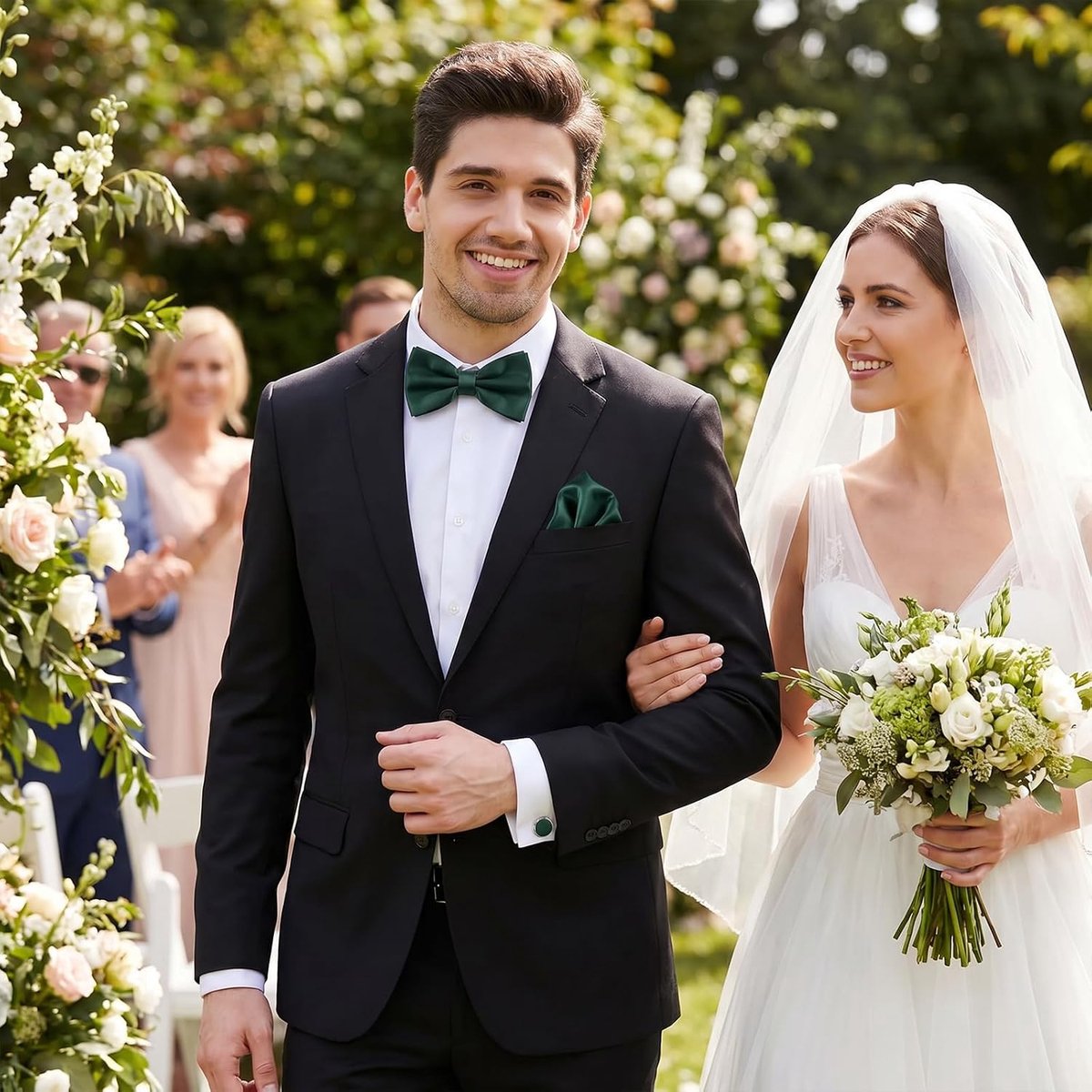Vlinderdas voor heren, met zakdoek, manchetknopen, set van zijde, elegante herenset met zijden vlinderdas, zijdeachtige zakdoek en stijlvolle manchetknopen