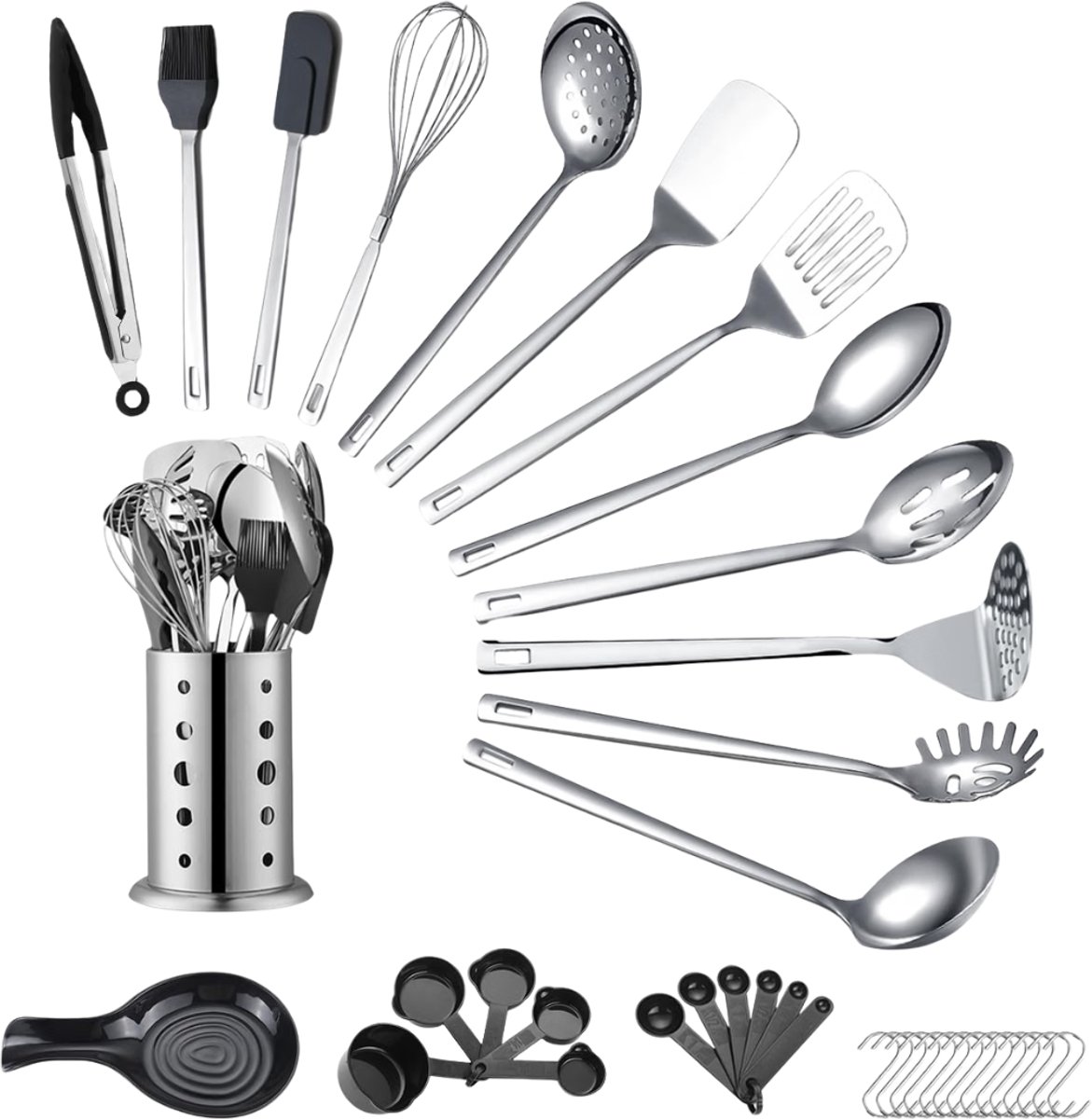 Verte - Keukengerei Set met Houder - Roestvrij Staal - 40 Stuks - Keukenbenodigdheden - Set Metalen Spatels