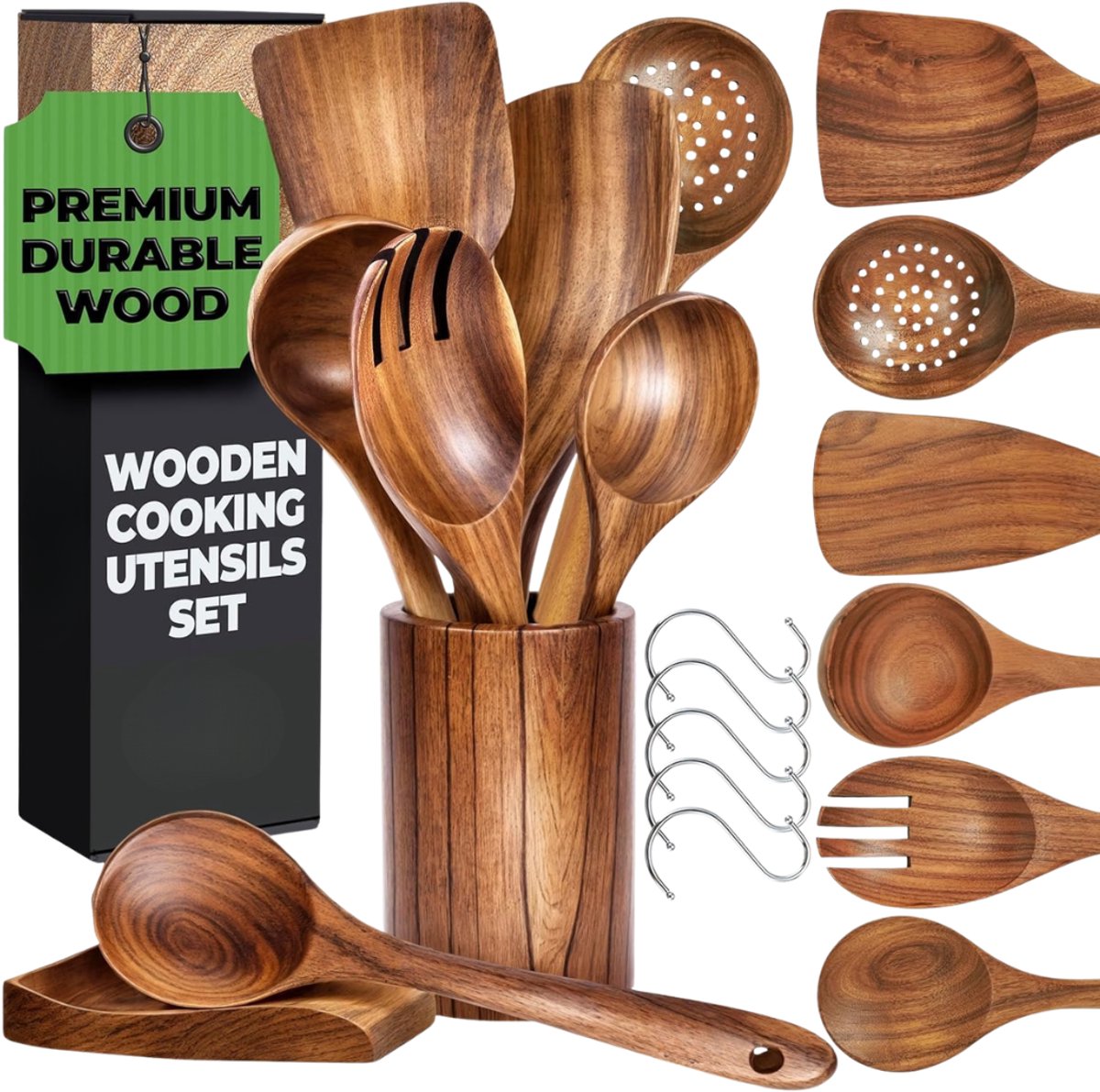 Verte - Keukengerei Set met Houder - Van Hout - Inclusief Spatel - Keertang - Soeplepel - Schuimspaan - Lepelhouder En 6 Haken - Stevig - Krasbestendig - Gemakkelijk Schoon Te Maken