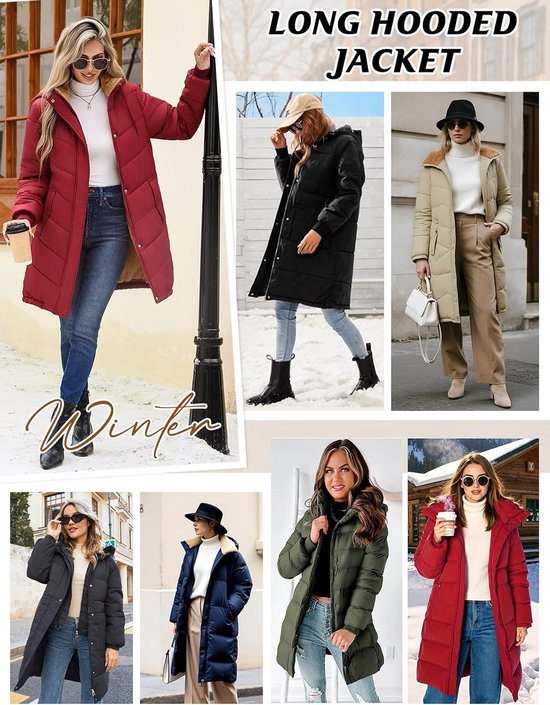 Collage van dames winterjassen in verschillende kleuren: rood, zwart, groen en beige. Lange gewatteerde jassen met capuchon.
