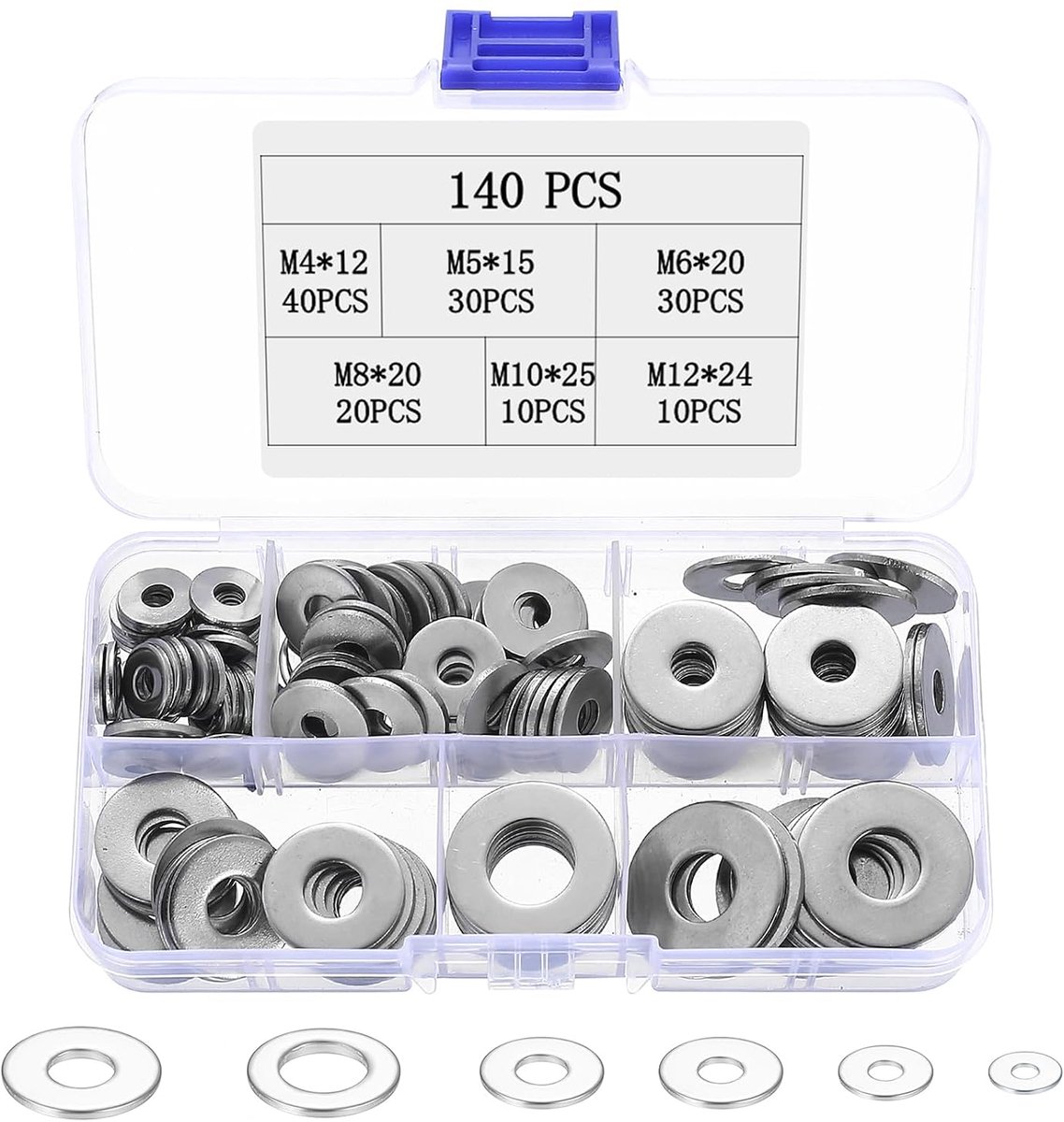 140 stuks roestvrij stalen onderlegringen set, carrosserieringen assortiment, roestvrij stalen belegringen sets, platte onderlegringen set voor schroeven, M4 M5 M6 M8 M10 M12 metalen ringen