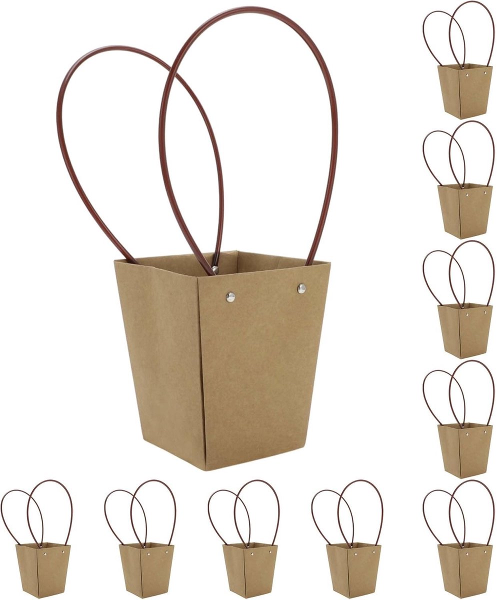 10 Stuks Bloemenzakken met Handvat voor Bloemist - Geschenkverpakking voor Verjaardag, Kerstmis en Bruiloft - 13 x 9,5 x 15 cm, Geelbruin