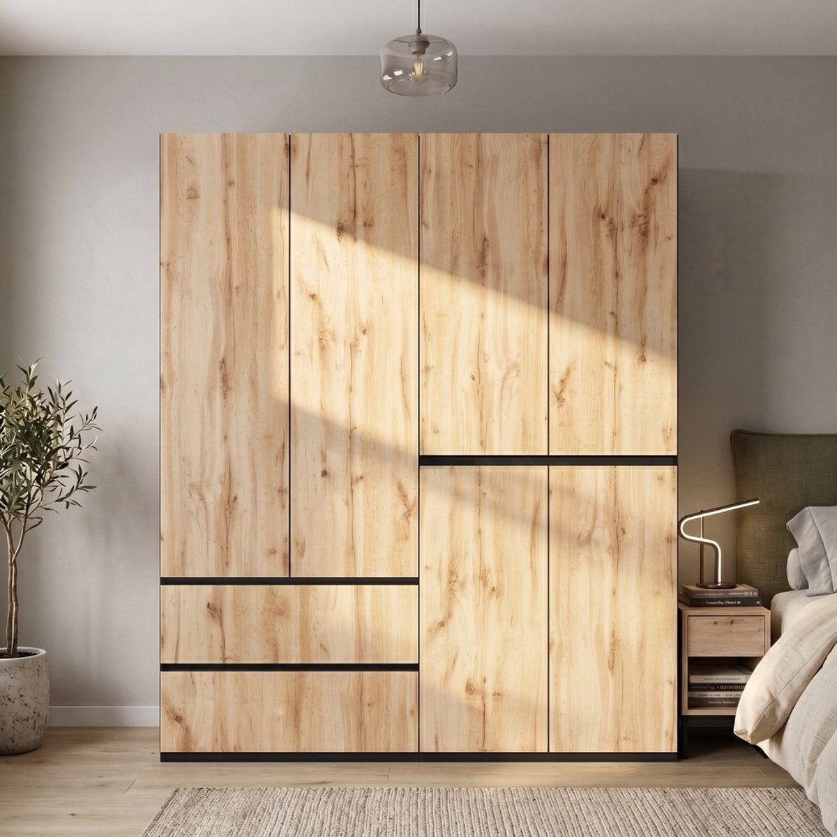 Pugsdrly Kledingkast, 6-deurs draaikast, 180 x 50 x 200 cm, met 2 kledingstangen en 5 lades, klassiek ontwerp voor de slaapkamer, hal, kinderkamer of kantoor, eiken Artisan/wit Hout
