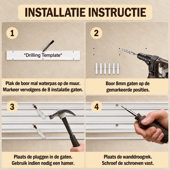 Stappenplan voor de installatie van een wanddroogrek met boor sjabloon, boren, pluggen en schroeven.