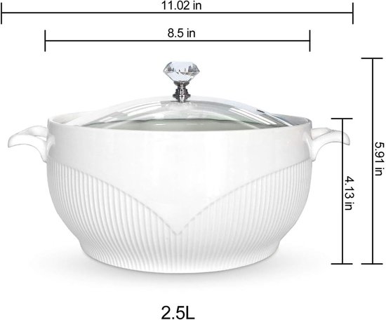 SnelShoppen - Keramische Soepterrine met Deksel 2,5L - Wit Porselein - Magnetron-, Vaatwasser- en Ovenbestendig - Ideaal voor Soepen, Stoofschotels en van Snelshoppen — afbeelding 5