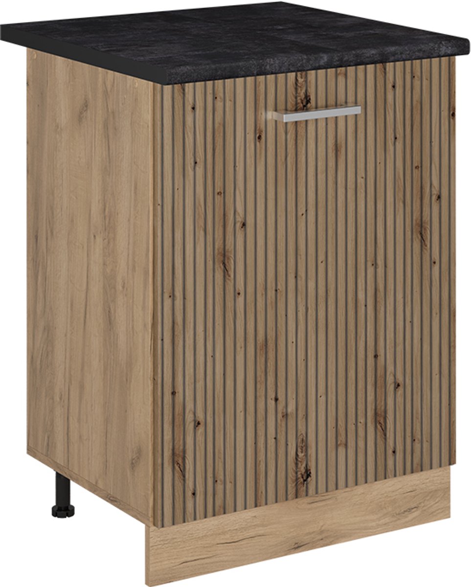 Vicco Keukenonderkast R-Line, Artisanaal eiken/Goudkleurig Eiken, 60 cm met 1 deur antraciet werkblad