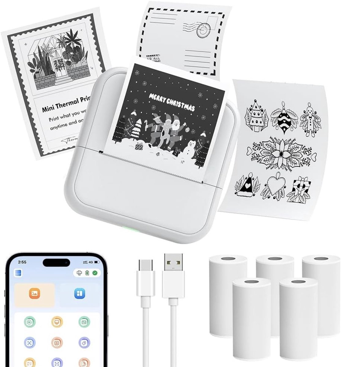Draagbare Mini Printer voor Foto's en Stickers, Bluetooth Thermische Pocket Printer met 6 Rollen Papier en 1500mAh Accu voor Android en iOS