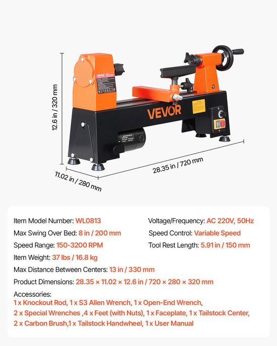 Technische specificaties van de VEVOR WL0813 draaibank met afmetingen, gewicht en meegeleverde accessoires.
