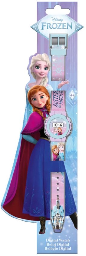 Disney Frozen digitaal horloge op verpakking met Anna en Elsa, 'Sisters Are Magical'.