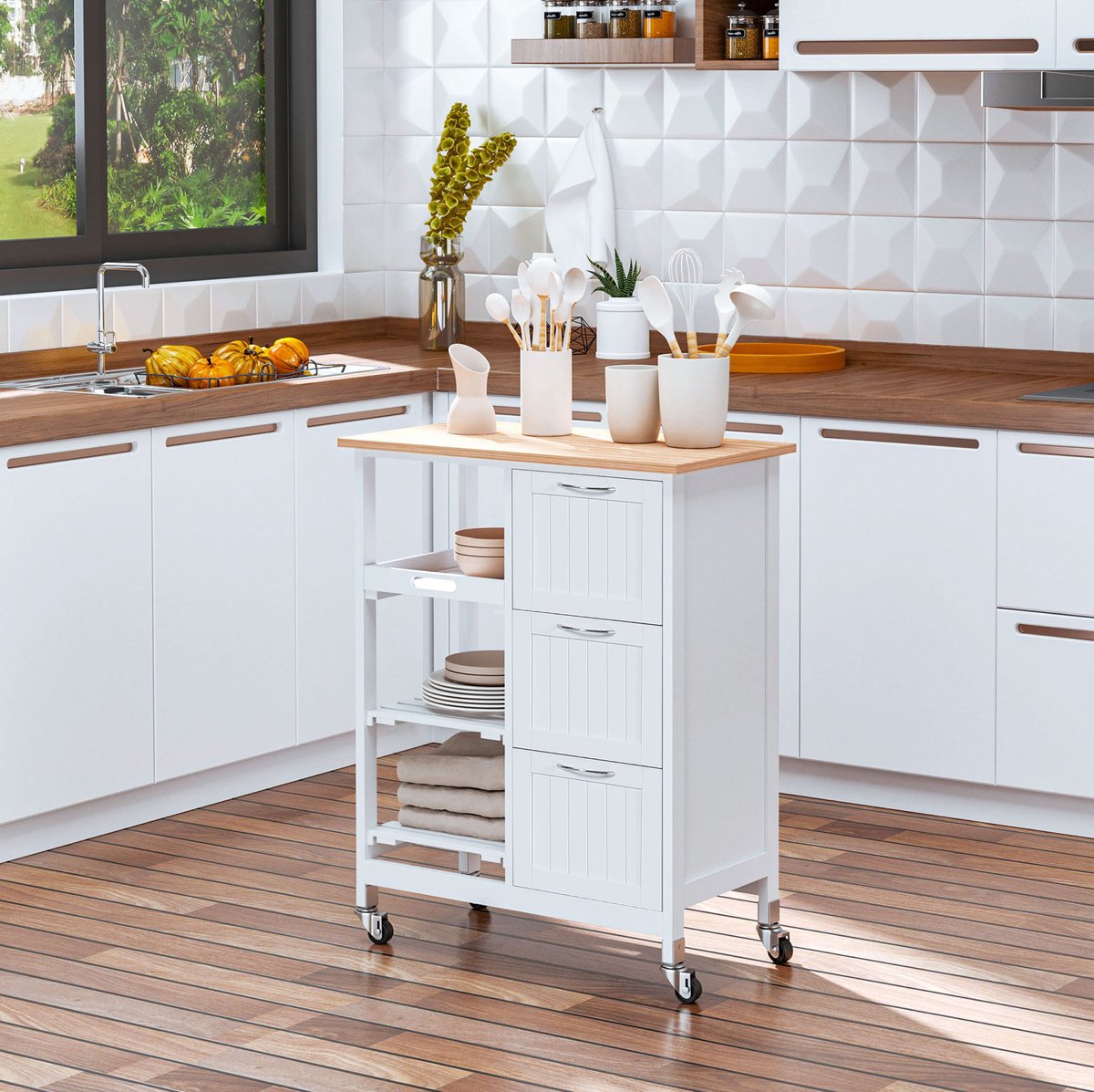 WUVRIE - Keukenwagen 67 x 37 cm - 3 lades, open schappen en 4 wielen - Wit