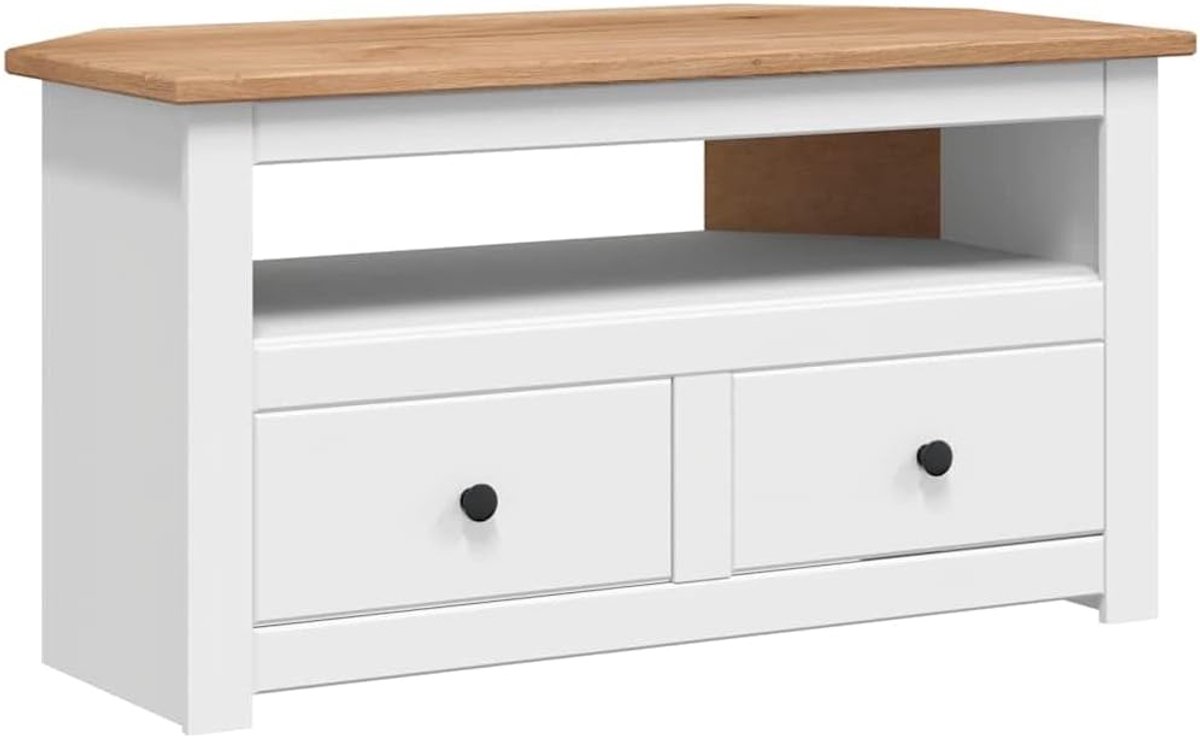 TV hoekkast 93x49x49 cm met 2 lades en 1 open vak - Solid Panama Grenen - Wit - Industrohome